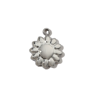 Detailed view of silver stainless steel sunflower pendant charm with a polished finish
