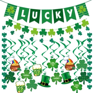 St. Patrick's Day decoration set with Lucky banner, shamrock swirls, and festive clovers