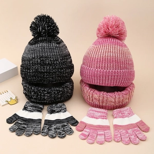 Kids winter knit set with gradient beanie, faux fur pom, scarf and gloves in two colors