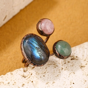 Natural Labradorite Rose Quartz And Green Aventurine Adjustable Open Ring Vintage Hammered Metal Bohemian Jewelry For Women