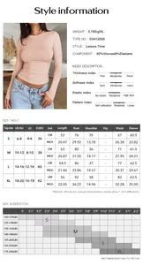 Detailed size chart and fabric specifications for Y2K slim fit long sleeve women's t-shirt