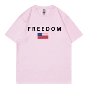 Pink cotton t-shirt featuring black FREEDOM print and flag logo on plain white background