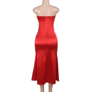Back view of a red strapless bodycon satin evening dress on a professional mannequin