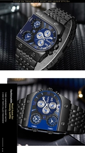 Macro view of industrial black steel triple time zone dial and stainless mesh strap
