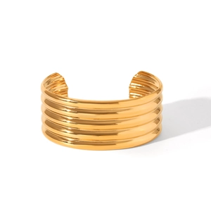 Polished 18K gold-plated stainless steel wide open cuff with multi-layered wave design