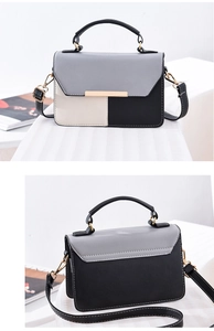 Detailed views showing the elegant grey beige and black color-blocking on the handbag
