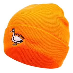 Close-up of silly goose embroidery on bright orange knitted beanie for winter