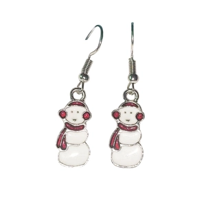 Detail of Christmas snowman earrings with white enamel and red scarf on a white backdrop