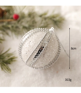 Detail of 8cm white Christmas ball with silver glitter sequins and beads decor