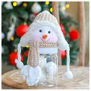 Detailed view of a Christmas snowman candy jar with beige knit hat and plush accents