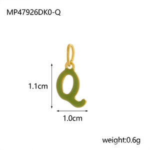 Detail view of a green enamel letter Q pendant with dimensions 1.1x1.0cm and weight 0.6g