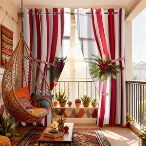 Detail of red and white striped Christmas curtains with festive berry prints and metal grommets