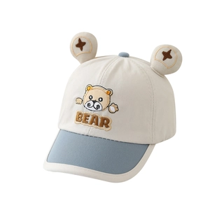 Cute kids baseball cap with bear ears and embroidery in soft cream and blue