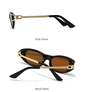 Detail of vintage oval sunglasses showing side and back views with golden metal hinges
