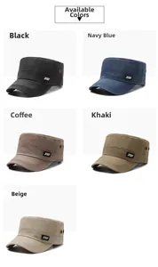 Detailed grid view showing five colors of washed cotton flat top military hats with vents