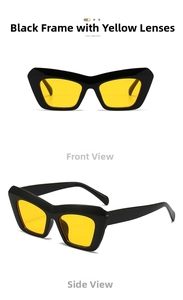 Detailed front and side views of retro chunky black sunglasses with yellow lenses