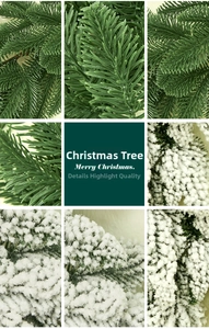 Detailed close-up of realistic green pine needles and white snow flocked Christmas garland