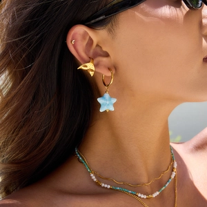 Close-up of gold starfish earrings and blue ceramic whale tail pendant in beach sunlight