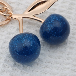 Exquisite dark blue glitter cherry keychain with gold leaves and resin cherry pendant