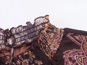 Close-up of smocked neckline and ruffled edges on Bohemian floral chiffon dress