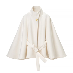Creamy white wool short cape coat with high stand collar and gold button detail