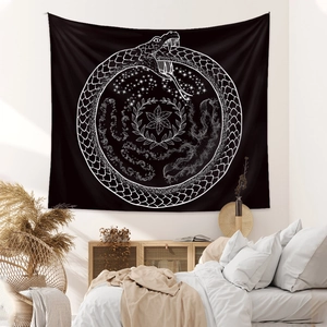 Bohemian Ouroboros tapestry with white mystical stars and flowers on black fabric