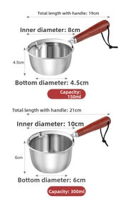 Detailed size comparison for 150ml and 300ml stainless steel oil pans with wood handles