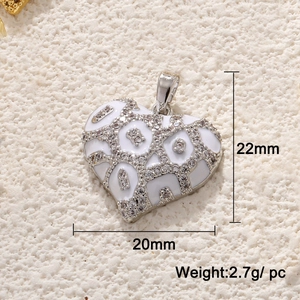 Detail of silver heart pendant with white enamel leopard print and zircon, 22mm x 20mm size