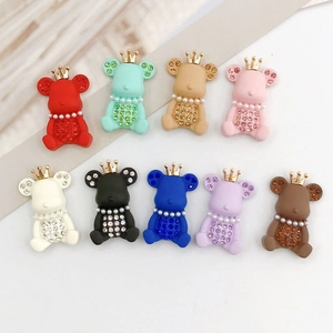 Set of 9 DIY crown bear charms with colorful rubber matte finish, pearls, and rhinestones