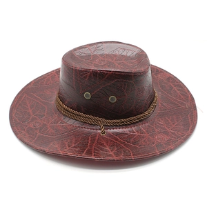 Dark red straw western cowboy hat with leaf veins texture and brown woven band