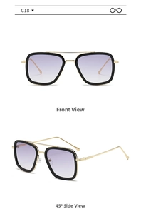 Detail view of square frame sunglasses C18 with purple gradient lenses and double bridge