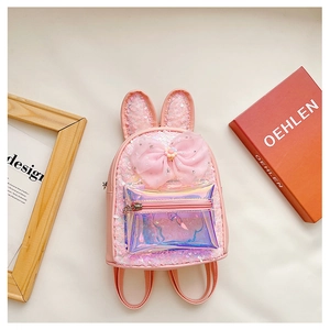 Detail of pink sequin kids backpack with bunny ears and holographic zipper pocket