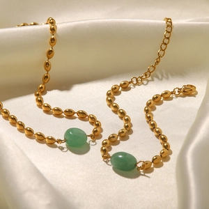 French vintage style gold beaded necklace and bracelet with oval green natural gemstone