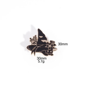Halloween witch hat enamel brooch with cat and flowers in black and gold finish
