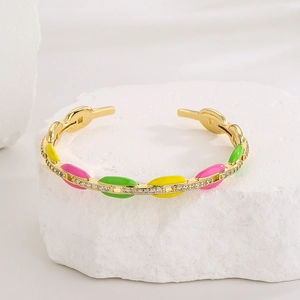 Bracciale rigido placcato oro 18K con smalto colorato e pietre di zircone lucido