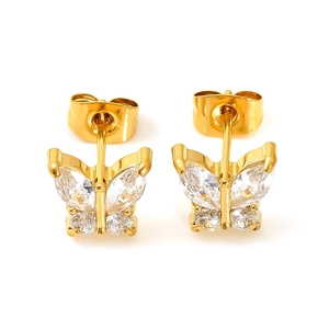 Elegant gold stainless steel butterfly earrings with sparkling cubic zirconia crystals