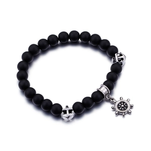 Men's vintage anchor and helm beaded bracelet with black matte beads and steel charms
