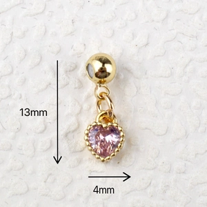 Macro detail of a 13mm mini heart-shaped pink gem pendant with gold bead and size labels