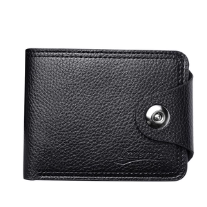 Classic men's short bifold wallet in black litchi grain leather with snap closure