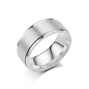 Brushed and polished silver titanium steel ring with wide flat edge minimalist design
