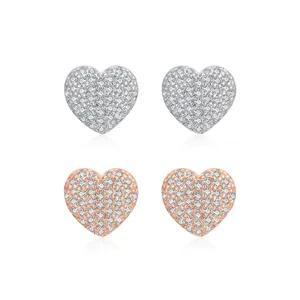 Sparkling S925 sterling silver heart stud earrings with cubic zirconia in silver and rose gold