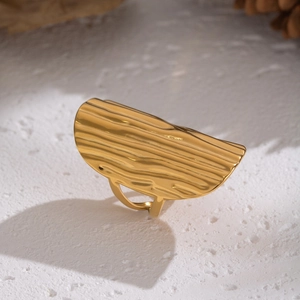Irregular wavy wide open ring in 18K gold stainless steel with liquid metal texture