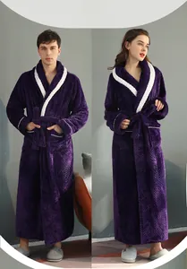 Detailed close-up of violet flannel bathrobe featuring white contrast collar and belted waist