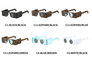 Matrix view of rectangular sunglasses featuring round lenses in six vibrant color frames