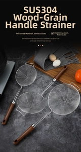 Close-up of SUS 304 stainless steel mesh strainer with heat-resistant wood-like handle