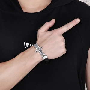 Men's punk braided black leather bracelet featuring a 3D stainless steel cross charm