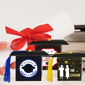 Three-piece graduation cap gift boxes with colorful tassels for party candy packaging