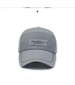 Detail of dark grey baseball cap featuring RIX 3D embroidery and breathable mesh back