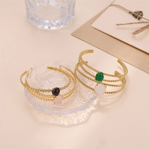 Vintage gold-plated stainless steel cuff bracelets with natural stones in four colors