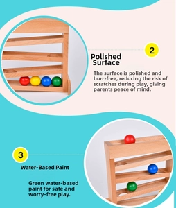 Detail of rounded edges and non-toxic water-painted wooden balls on tracks